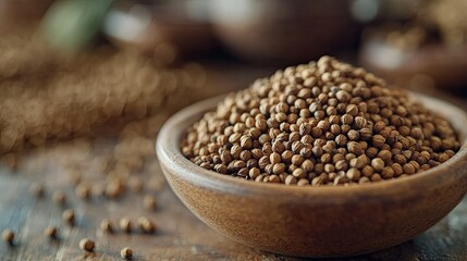 Dried coriander seeds in a small bowl, resting on a wooden table. Close-up shot with rich textures and earthy tones.