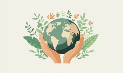 Illustration of hands gently holding a globe surrounded by lush green plants, symbolizing care for the Earth and nature's beauty in a harmonious environment.