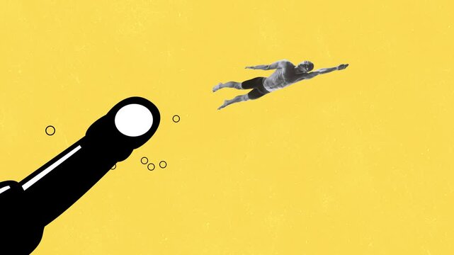Jump like a wine stopper. Stop motion, animation, modern design. Male swimmer jumping out from wine bottle isolated on yellow background. Copy space for ad. Festival, Oktoberfest, drinks, sales and ad
