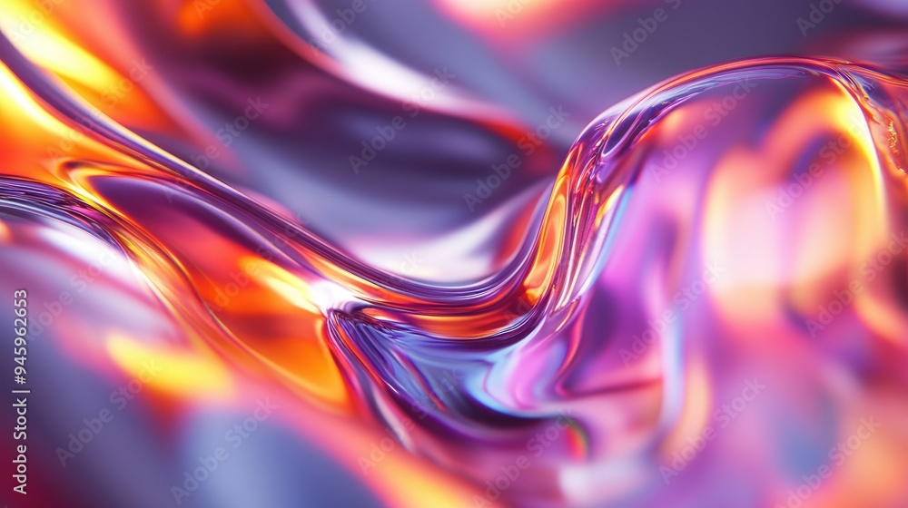 Poster dynamic fluid wave textures in a 3d bright glass render, featuring a colorful gradient that radiates