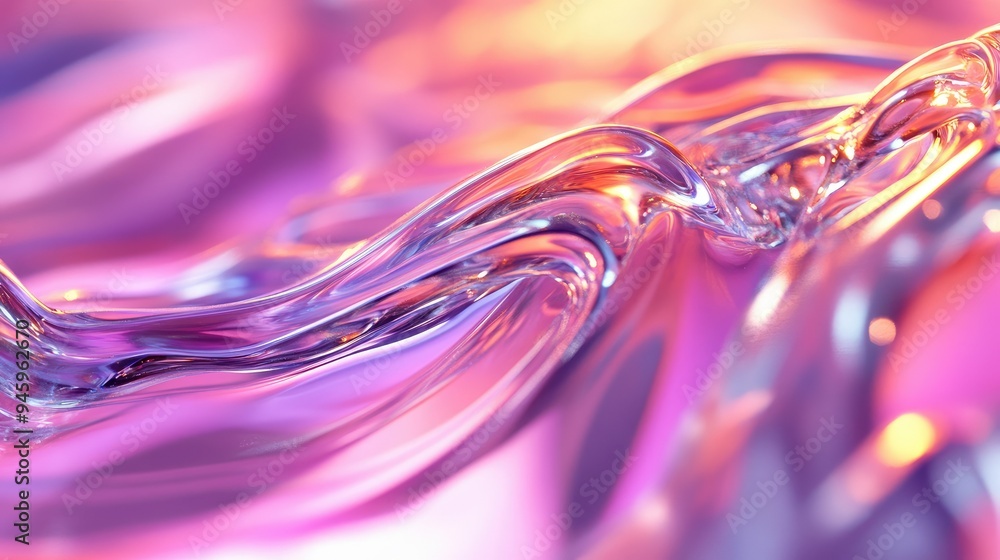 Poster dynamic fluid wave textures in a 3d bright glass render, featuring a colorful gradient that radiates