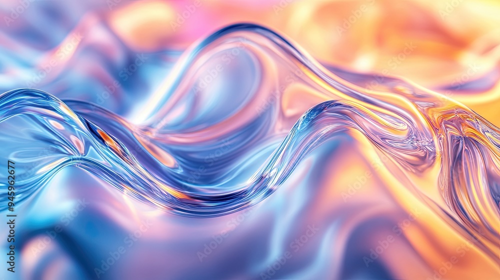 Poster dynamic fluid wave textures in a 3d bright glass render, featuring a colorful gradient that radiates
