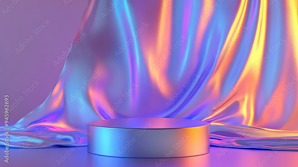 Poster elegant 3d podium with a flowing holographic fabric texture behind it, creating an abstract and irid