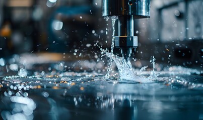 CNC machining centre drilling steel and using metal working fluid as coolant. 