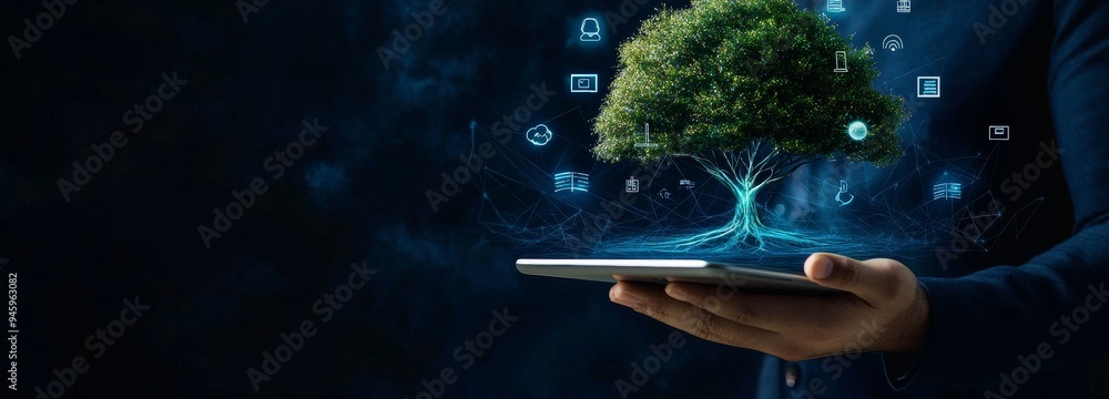Aufkleber An entrepreneur touches the structure of business technology on the data network so they can implement new policies and technology to support it efficiently. Achieve positive customer experience and