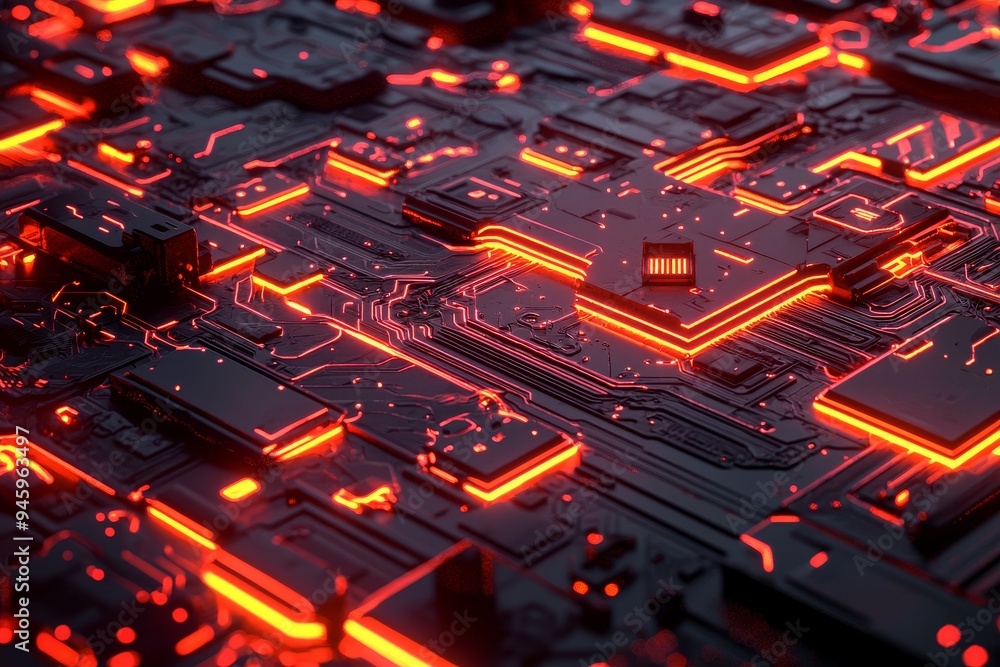 Poster stock technology image of a processor or graphic card, storing memory, hardware close-up, neon led l