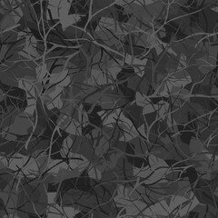 Dark grayscale military vector leaves repeating floral seamless pattern