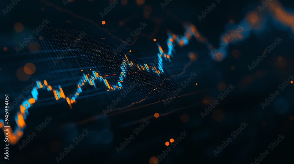 Poster graph of growth, digital display with options chart, stock market glowing.