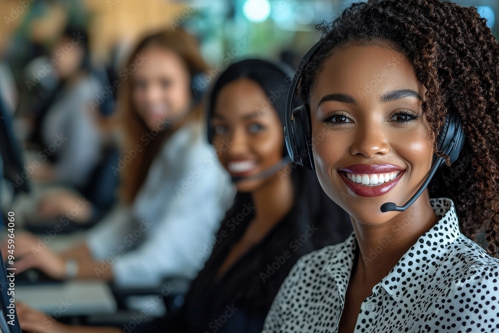 Aufkleber call center agent, focused and dedicated, managing tasks on a computer within the customer service h