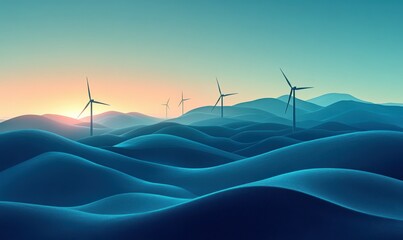 A tranquil landscape featuring minimalistic wind turbines on rolling hills under a serene sky at dusk, showcasing the harmony of renewable energy and nature.