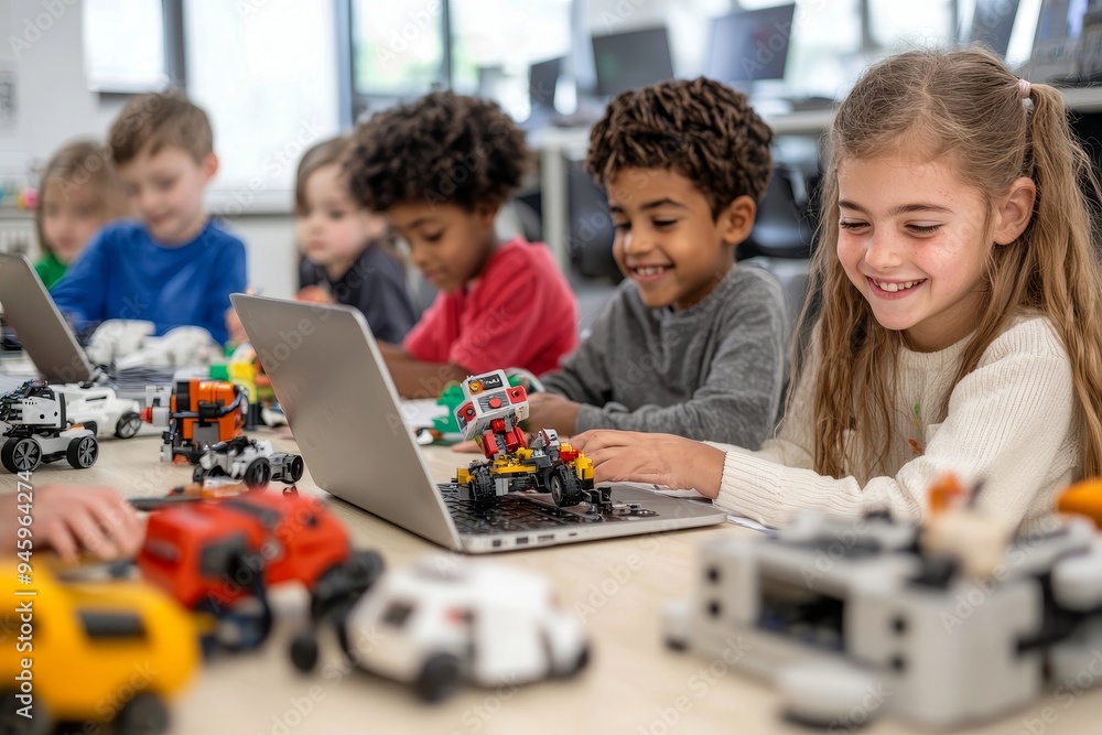 Aufkleber several enthusiastic kids of different nationalities work on school science projects making toys and