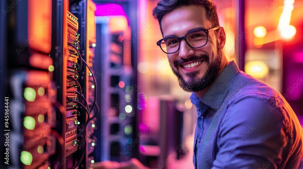 Aufkleber IT professional using laptop computer doing data transfer operation with rack server cabinets in data center's digital room. Cyber security.