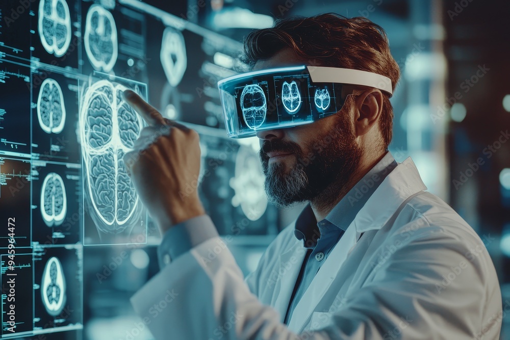 Leinwandbilder the image collage shows a doctor using innovative technology using a vr box as a device