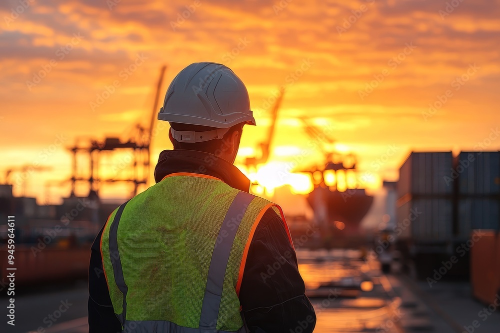 Poster a construction engineer in standard safety observes a building on the construction site from the bac