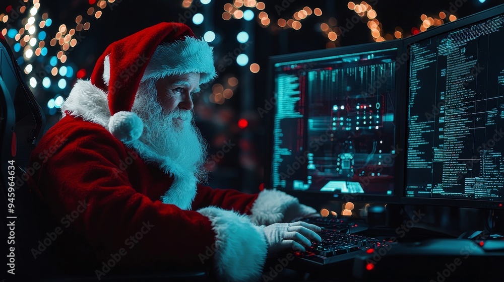Leinwandbilder Close-up of Santa Claus typing on keyboard on working computer screen. Futuristic background with stock. Banner. Stock content.