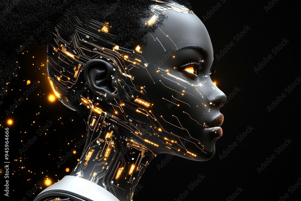 Poster Creating an ai collage of a female robot invention on a dark black background