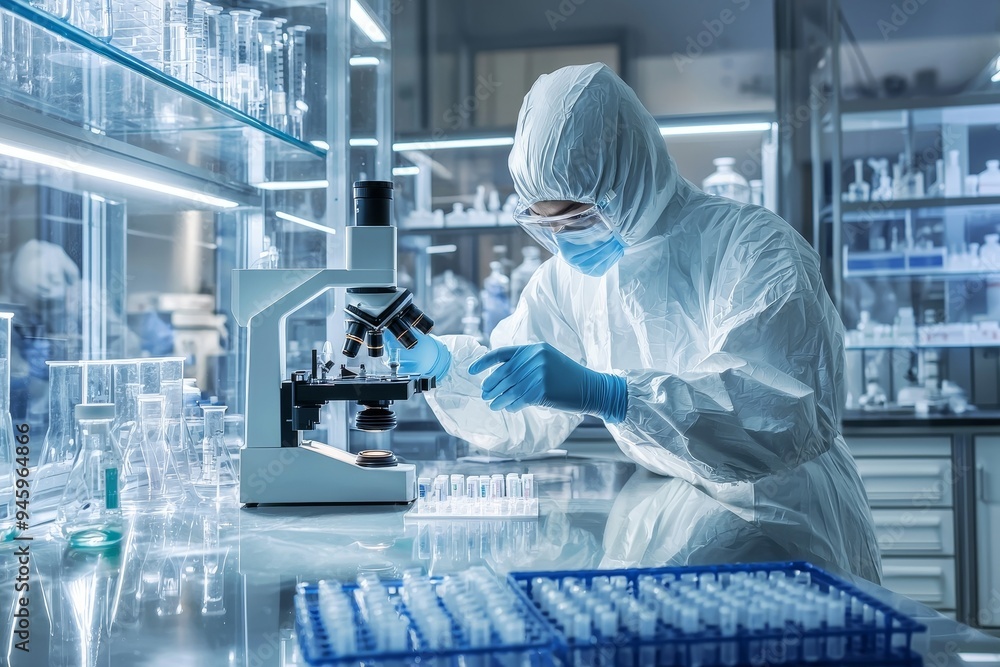 Poster the researcher is wearing a protective mask as he works in a research lab at an institute. the resea
