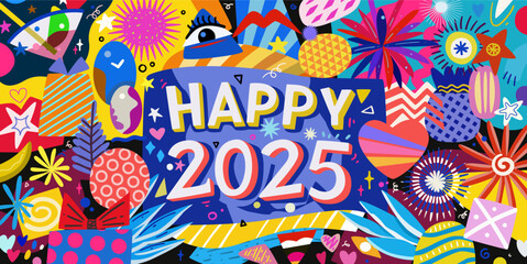 Colorful festive New Year 2025 card with abstract hand drawn patterns and shapes