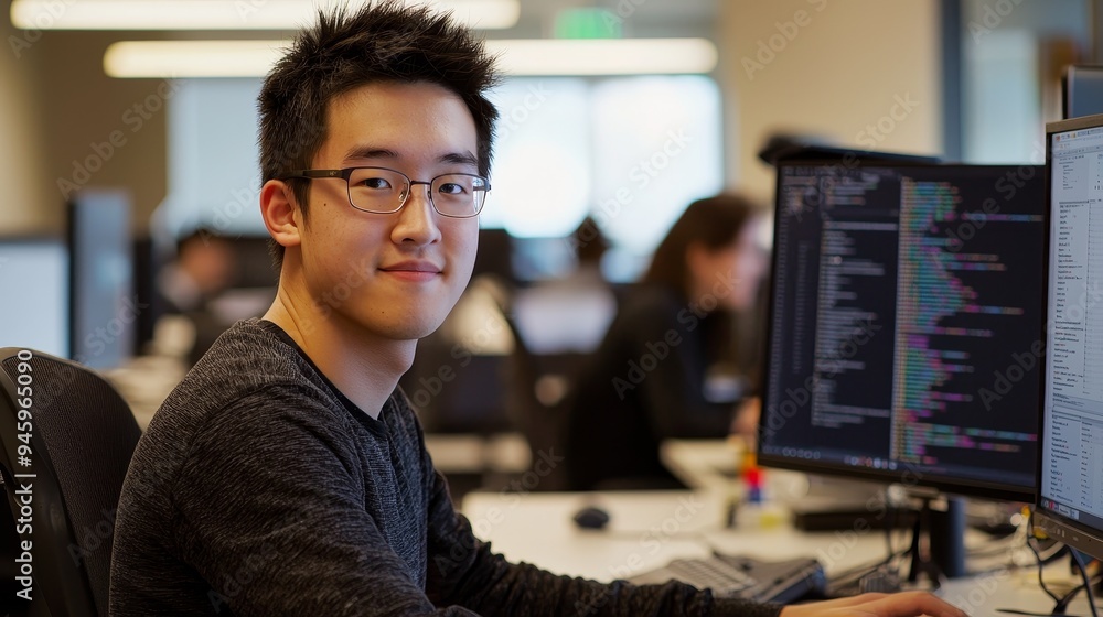 Poster In the office, a software developer codes scripts or deals with cyber security.