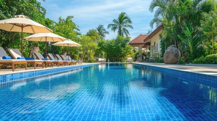 Elegant resort swimming pool with chairs and umbrellas, capturing the holiday vacation atmosphere.