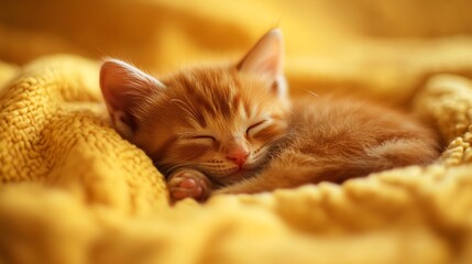 Adorable Red Kitten Resting on Yellow Blanket