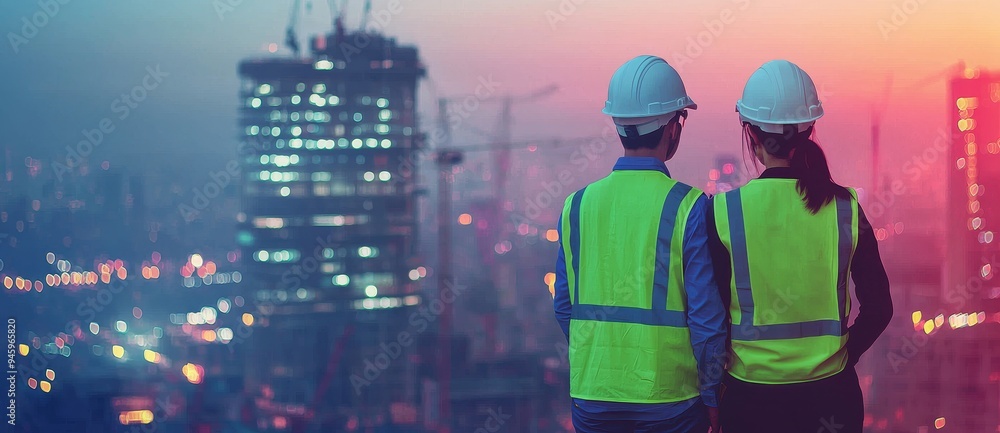 Aufkleber A construction engineer concept with a back view of a professional engineer manager concentrating on a multi-exposure with the building and construction industries in the background
