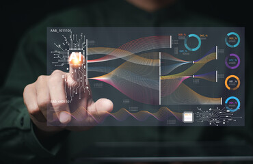 Ai Businessman working with modern interface Business analytics Big data technology and data science. Data flow concept.Business computing digital composite..