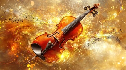 Fototapeta premium A golden violin is surrounded by musical notes
