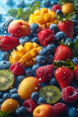 Obraz premium A vibrant fruit salad with mango, strawberries, blueberries, raspberries, kiwi, and apricots, all glistening with water droplets, creating a colorful and appetizing display