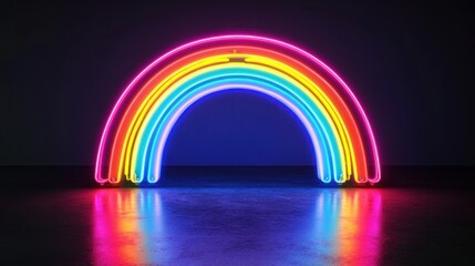 A neon rainbow is lit up in a dark room