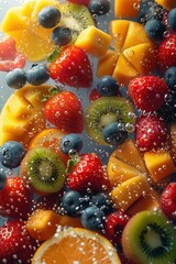 A colorful and vibrant close-up of a fresh fruit salad with mango, kiwi, strawberries, blueberries, and orange slices, all floating in water with air bubbles
