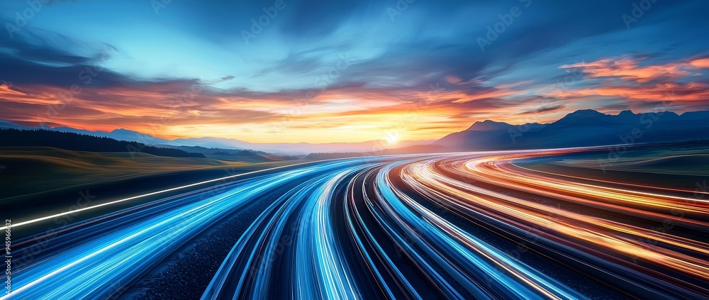 Leinwandbilder Transparent background with laser beams luminous abstract sparkling. Digital image of a light train moving fast on dark road. Stock generative image.