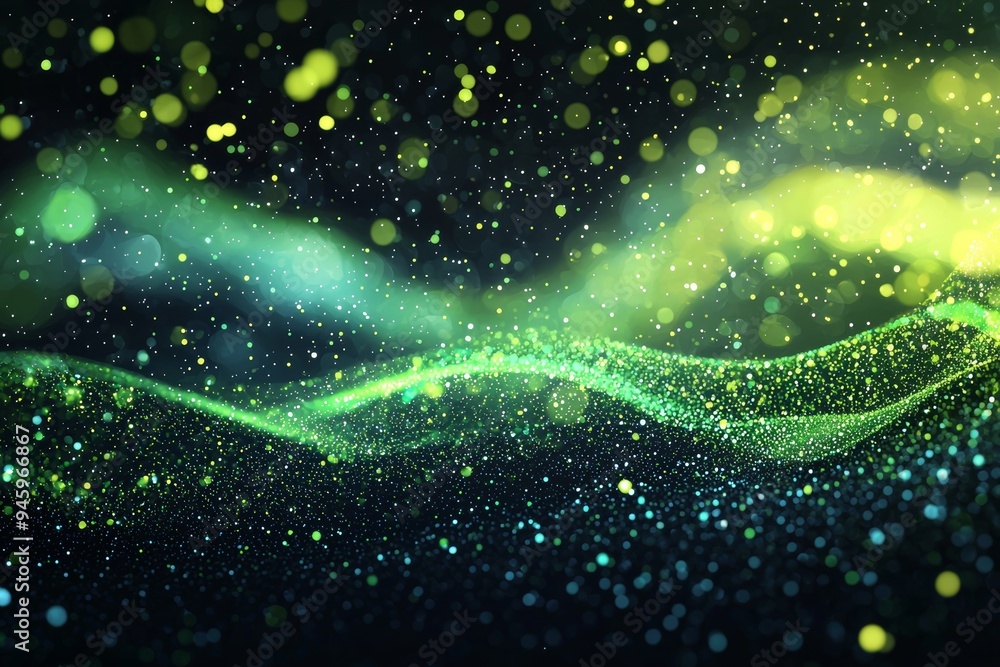 Poster In this 3D rendering of the 3D wave dynamic background, there are dots green in futuristic flow technology abstract datum innovation sound illustration business digital music dot texture grid