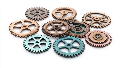 Brass metal gears on white background. Retro style separated bronze metallic cogwheels