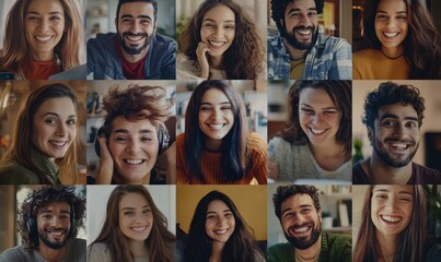 Online conference call with faces on a grid.