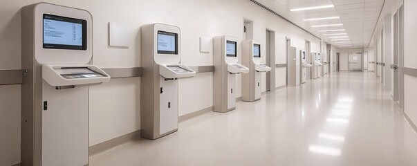 Outpatient clinic with streamlined check-in and digital kiosks, patient convenience, modern healthcare