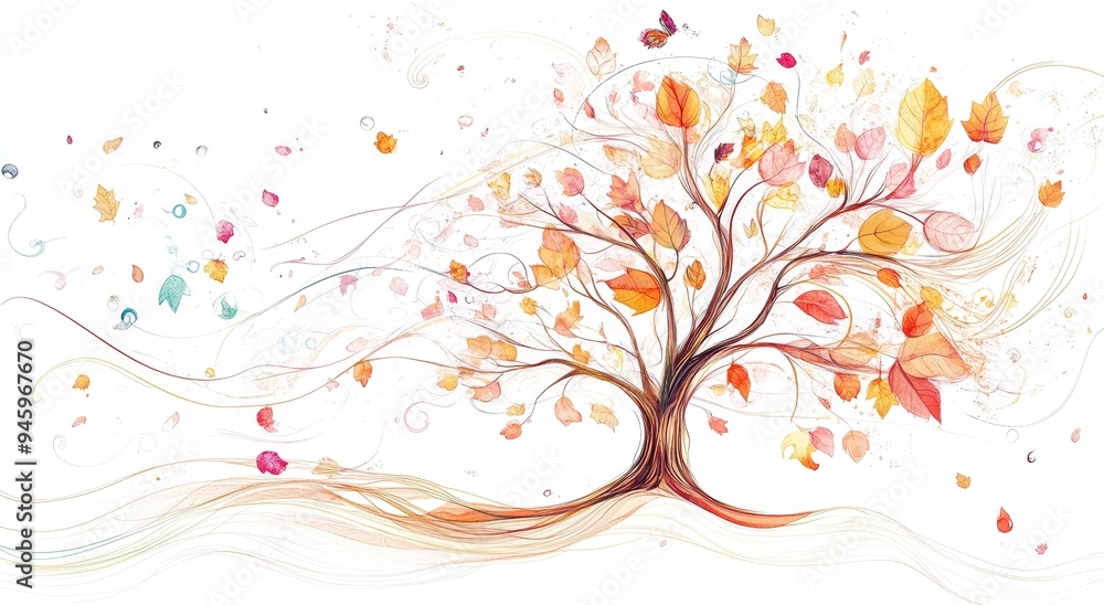 Poster the autumn background is filled with colorful leaves that are blowing in the wind, with swirls and s