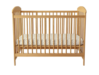 Wooden baby crib features a simple design with curved edges and slats