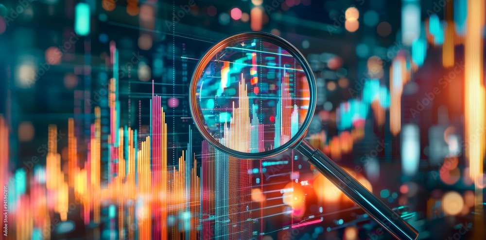 Aufkleber analysis of financial data through magnifying glass. stock