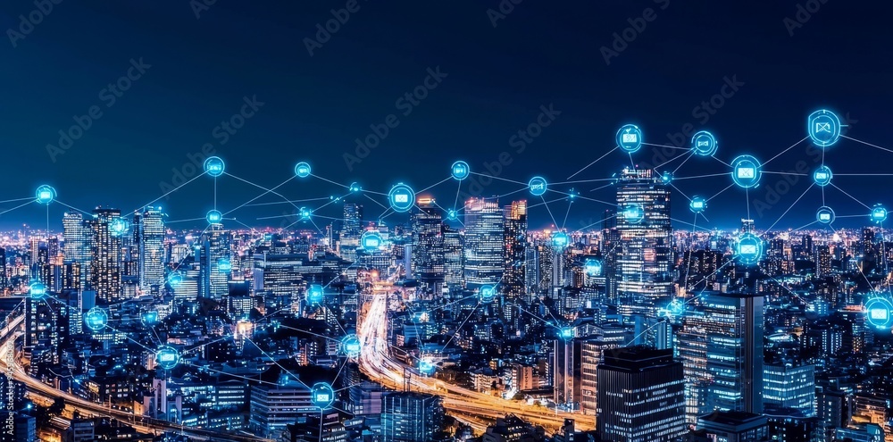 Aufkleber symbolizing cloud data storage, computing, global markets, global networks - stock modern cityscape