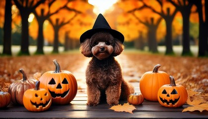 Cute miniature poodle dog in a black hat for halloween with jack o lantern pumpkins sitting in an autumn park