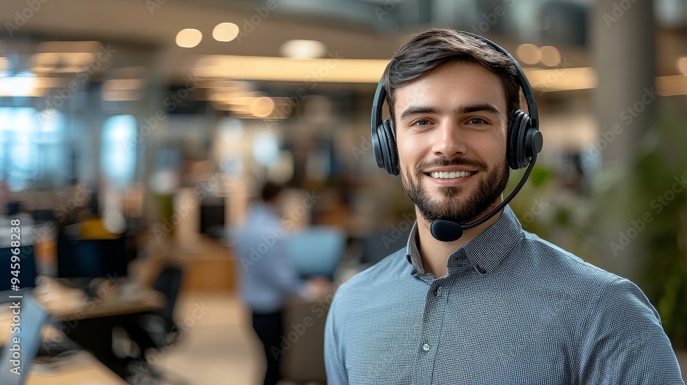 Poster in a customer service or call center environment, a cheerful young man is wearing a headset and work