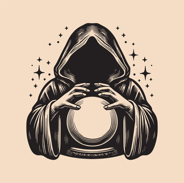 recommend clip art: Vintage engraving hand drawn magic crystal ball in hands of fortune teller line art . tattoo, print, cut out vector illustration.