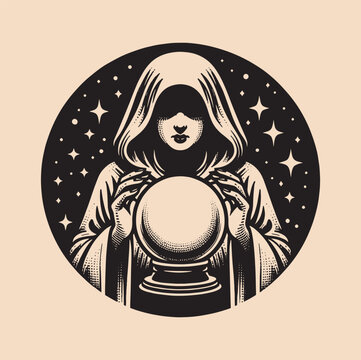 recommend clip art: Vintage engraving hand drawn magic crystal ball in hands of fortune teller line art . tattoo, print, cut out vector illustration.