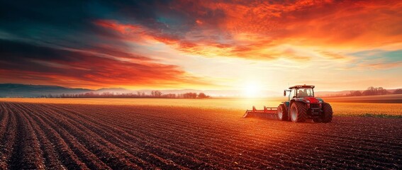 Fototapeta premium This is an illustration of a farmer with a tractor and harvester working in the field. It is a suitable agriculture concept for production. A tractor is on a soybean farm in the spring sunset.