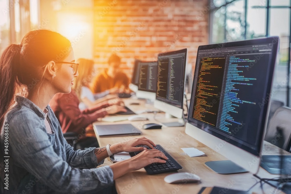 Poster Computer Programmers Brainstorm Together, Software Engineers Create App Programs