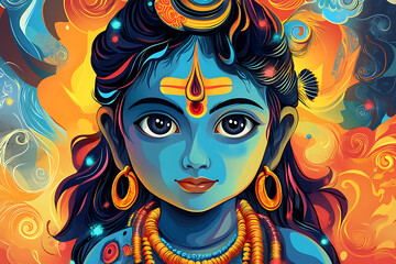A vibrant cartoon illustration of Lord Shiva's child, beautifully capturing the essence of Hindu mythology