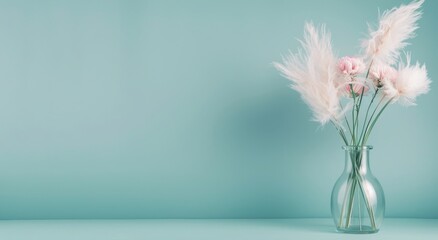 Delicate Pink Flowers With White Feathers in a Glass Vase on Soft Blue Background