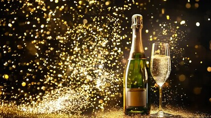 Champagne bottle with gold label and glittering particles on a black background. Luxury celebration and festive concept.