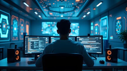 Futuristic High-Tech Workspace with Person at Desk Surrounded by Glowing Interfaces